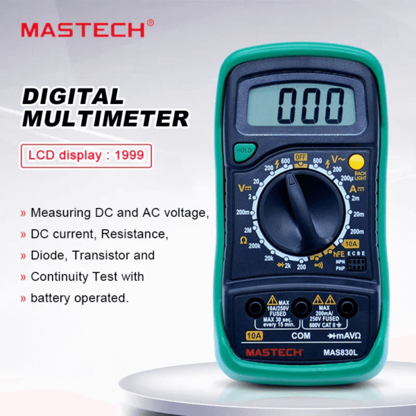 mas830l-31 MASTECH MAS830L Digital Multimeter Digital Multimeter? A multimeter is an electronic measuring instrument that combines multiple measurement functions into one unit. It can measure voltage (voltmeter), current (ammeter), and resistance (ohmmeter). Advanced models may also test additional properties like capacitance, frequency, temperature, and continuity, making them essential for diagnosing electrical circuits and components. DESCRIPTION Mastech MAS830L Digital Pocket Multimeter Safety Measures for MAS830L: Failing to Follow These Precautions May Lead to Instrument Damage . Always make sure the Test Probes are fitted in the correct sockets (Especially while measuring AC Voltage ) Please choose the correct measuring option before you connect the probe. (As a thumb rule, we always choose the greater value and decrease if required) While measuring current, make sure to put the Red Probe in the “10A” socket, and the measuring connection should be in the “Series” While measuring all parameters other than Current (Ampere), the measuring connection should be in “Parallel” If, by mistake, a wrong connection or option is selected and the measurement is initiated, the instrument will blink/ Beep. Remove the connections immediately to restrict the damage to a minimum. The instrument can only be used in conjunction with the probe for compliance with safety standards. If the probe needs replacing due to damage, the replacement must be of the same type or the same electrical specifications. Do not exceed the input limits specified for each range When the instrument is measuring, do not touch the input terminal, not in use When a measurement range is uncertain, turn the function/range switch to the maximum range position CONTINUITY TESTING A continuity test tells us whether two things are electrically connected. To begin, make sure no current is running through the circuit or component you want to test. Switch it off, unplug it from the wall, and remove any batteries. Plug the black probe into the COM port on your multimeter. Plug the red probe into the V mA port. Switch on your multimeter, and set the dial to continuity mode (indicated by an icon that looks like a sound wave or wifi). To complete your continuity test, place one probe at each end of the circuit or component you want to test. If your circuit is continuous, the screen displays a value of zero (or near zero, and the multimeter beeps. If the screen displays 1 or OL (open loop), there's no continuity—that is, there's no path for electric current to flow from one probe to the other. In the case of a Diode, continuity will be shown only in one direction and not in the DC VOLTAGE MEASUREMENT Plug the black probe into the COM port on your multimeter. Plug the red probe into the V mA port. Switch on your multimeter, and set the dial to DC voltage mode (indicated by a V with a straight line, or the symbol ?). Set the correct range for the voltage you expect to measure. Each setting on the dial lists the maximum voltage it can measure. So,o for example, if you expect to measure more than 2 volts but less than 20, use the 20-volt setting. If you're not sure, start with the highest setting. Place the Probes on the Voltage Source. If the range is set too high, the multimeter may not show an accurate reading. Turn the dial to a lower range to get a better reading. If the range is set too low, the multimeter simply reads 1 or OL, indicating that it is overloaded or out of range. Disconnect the circuit immediately and increase the range through the dial. RESISTANCE TESTING To begin, make sure no current is running through the circuit or component you want to test. Switch it off, unplug it from the wall, and remove any batteries. Plug the black probe into the COM port on your multimeter. Plug the red probe into the V? mA port. Switch on your multimeter, and set the dial to resistance mode indicated by the symbol. Set the correct range for the resistance you expect to measure. If you're not sure, start with the highest setting. Place the probe on the two ends of the product for which you want to measure the resistance. If your multimeter reads close to zero, the range is set too high for a good measurement. Turn the dial to a lower setting. If you set the range too low, the multimeter simply reads 1 or OL, indicating that it is overloaded or out of range. Disconnect the circuit immediately and increase the range through the Dial. MASTECH MAS830L Digital Multimeter 1 MASTECH MAS830L Digital Multimeter 2 MASTECH MAS830L Digital Multimeter 3