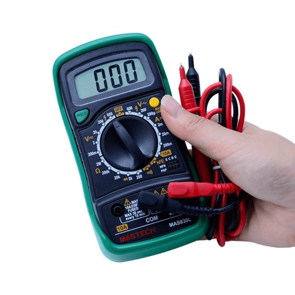 mas830l MASTECH MAS830L Digital Multimeter Digital Multimeter? A multimeter is an electronic measuring instrument that combines multiple measurement functions into one unit. It can measure voltage (voltmeter), current (ammeter), and resistance (ohmmeter). Advanced models may also test additional properties like capacitance, frequency, temperature, and continuity, making them essential for diagnosing electrical circuits and components. DESCRIPTION Mastech MAS830L Digital Pocket Multimeter Safety Measures for MAS830L: Failing to Follow These Precautions May Lead to Instrument Damage . Always make sure the Test Probes are fitted in the correct sockets (Especially while measuring AC Voltage ) Please choose the correct measuring option before you connect the probe. (As a thumb rule, we always choose the greater value and decrease if required) While measuring current, make sure to put the Red Probe in the “10A” socket, and the measuring connection should be in the “Series” While measuring all parameters other than Current (Ampere), the measuring connection should be in “Parallel” If, by mistake, a wrong connection or option is selected and the measurement is initiated, the instrument will blink/ Beep. Remove the connections immediately to restrict the damage to a minimum. The instrument can only be used in conjunction with the probe for compliance with safety standards. If the probe needs replacing due to damage, the replacement must be of the same type or the same electrical specifications. Do not exceed the input limits specified for each range When the instrument is measuring, do not touch the input terminal, not in use When a measurement range is uncertain, turn the function/range switch to the maximum range position CONTINUITY TESTING A continuity test tells us whether two things are electrically connected. To begin, make sure no current is running through the circuit or component you want to test. Switch it off, unplug it from the wall, and remove any batteries. Plug the black probe into the COM port on your multimeter. Plug the red probe into the V mA port. Switch on your multimeter, and set the dial to continuity mode (indicated by an icon that looks like a sound wave or wifi). To complete your continuity test, place one probe at each end of the circuit or component you want to test. If your circuit is continuous, the screen displays a value of zero (or near zero, and the multimeter beeps. If the screen displays 1 or OL (open loop), there's no continuity—that is, there's no path for electric current to flow from one probe to the other. In the case of a Diode, continuity will be shown only in one direction and not in the DC VOLTAGE MEASUREMENT Plug the black probe into the COM port on your multimeter. Plug the red probe into the V mA port. Switch on your multimeter, and set the dial to DC voltage mode (indicated by a V with a straight line, or the symbol ?). Set the correct range for the voltage you expect to measure. Each setting on the dial lists the maximum voltage it can measure. So,o for example, if you expect to measure more than 2 volts but less than 20, use the 20-volt setting. If you're not sure, start with the highest setting. Place the Probes on the Voltage Source. If the range is set too high, the multimeter may not show an accurate reading. Turn the dial to a lower range to get a better reading. If the range is set too low, the multimeter simply reads 1 or OL, indicating that it is overloaded or out of range. Disconnect the circuit immediately and increase the range through the dial. RESISTANCE TESTING To begin, make sure no current is running through the circuit or component you want to test. Switch it off, unplug it from the wall, and remove any batteries. Plug the black probe into the COM port on your multimeter. Plug the red probe into the V? mA port. Switch on your multimeter, and set the dial to resistance mode indicated by the symbol. Set the correct range for the resistance you expect to measure. If you're not sure, start with the highest setting. Place the probe on the two ends of the product for which you want to measure the resistance. If your multimeter reads close to zero, the range is set too high for a good measurement. Turn the dial to a lower setting. If you set the range too low, the multimeter simply reads 1 or OL, indicating that it is overloaded or out of range. Disconnect the circuit immediately and increase the range through the Dial. MASTECH MAS830L Digital Multimeter 1 MASTECH MAS830L Digital Multimeter 2 MASTECH MAS830L Digital Multimeter 3